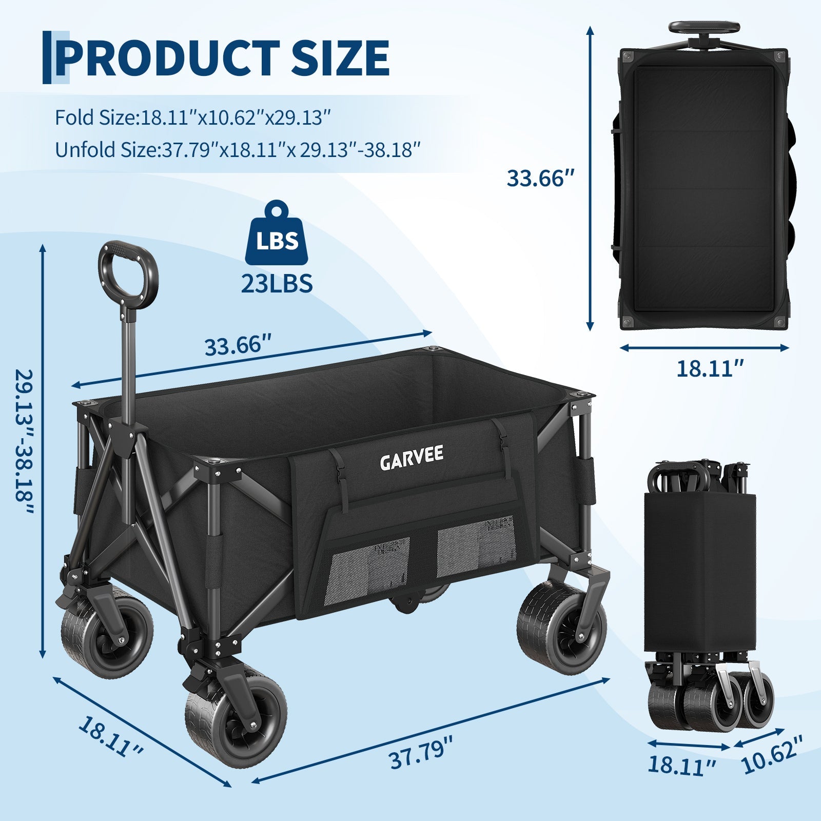 Garvee Heavy Duty Collapsible Garden Wagon Cart, 280L Large Folding Utility Wagon with 460 lb Capacity, All-Terrain Wheels, Side Pockets, Cup Holders & Storage Cover, Black