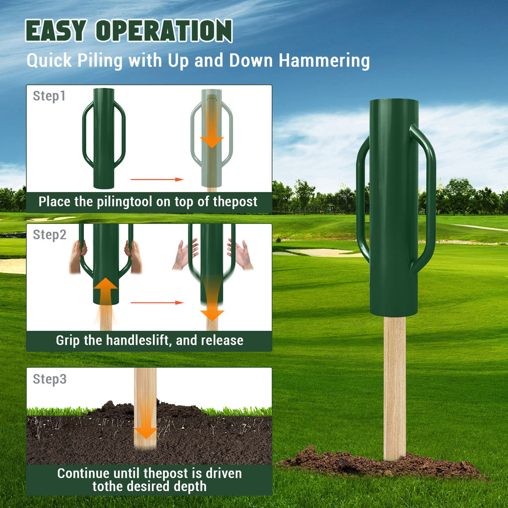 Garvee 37 LB Heavy Duty Steel Fence Post Driver with Dual Handles - 28" x 6.5" Manual T-Post & U-Post Rammer, 0.2" Thick Carbon Steel Soil Compactor for Wooden Posts, Metal Fencing Stakes, and Sign Poles (Green)