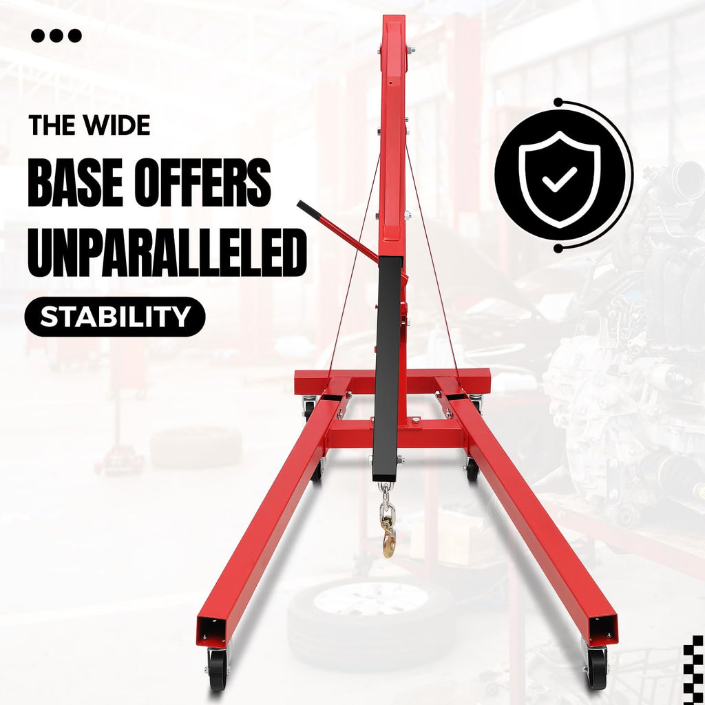Garvee Heavy Duty 2 Ton Hydraulic Folding Engine Hoist Cherry Picker - Telescopic Boom - 6 Swivel Casters - Engine Lift for Workshop, Warehouse, Auto Repair - Red | Packaged version