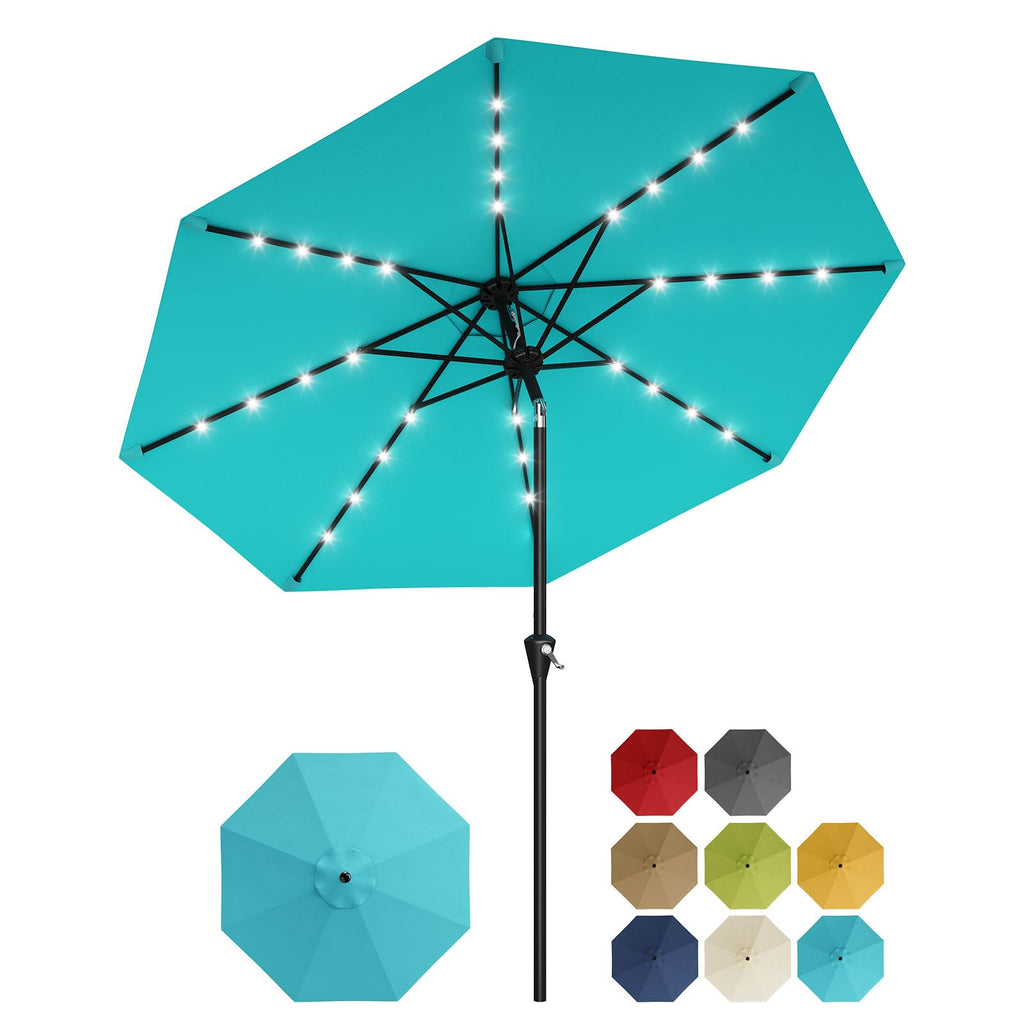 Garvee 10 ft Solar Patio Umbrella with 32 LED Lights, Outdoor Market Umbrella with Crank Lift & Tilt, UV-Resistant Canopy for Pool, Garden & Backyard, Sky Blue