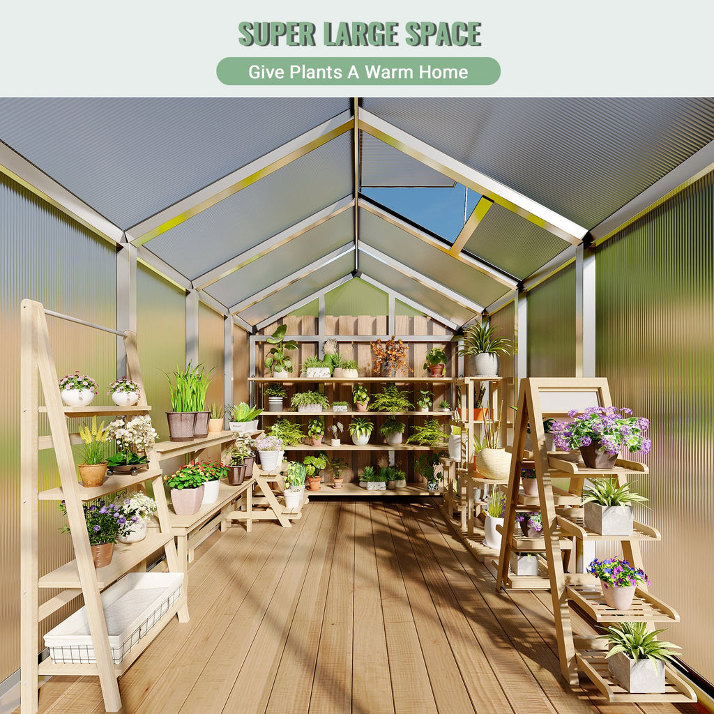 Garvee Walk-In Polycarbonate Greenhouse for Outdoors, Heavy Duty Aluminum Greenhouse with Adjustable Roof Vent & Lockable Door, UV-Protected Backyard Green House for Garden, Patio & Lawn, Easy Assembly, Silver