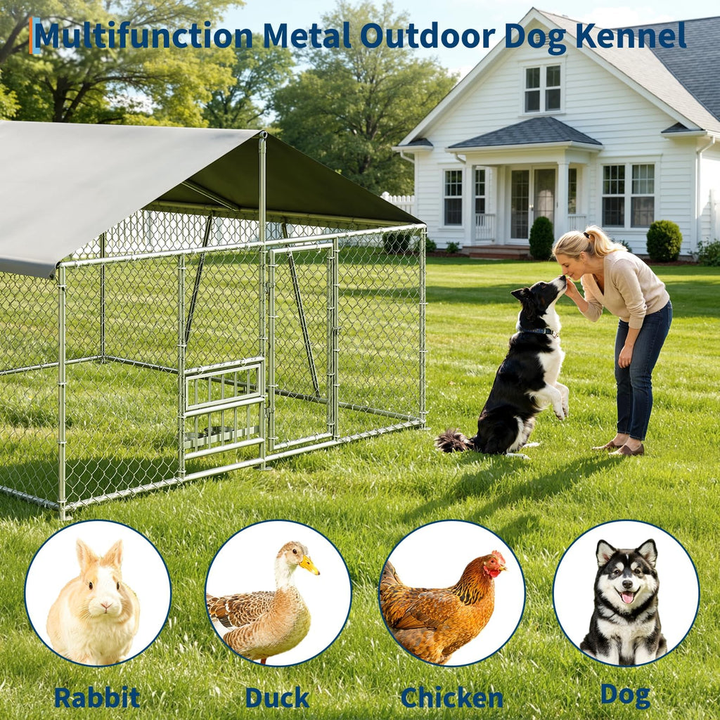 Garvee Large Outdoor Dog Kennel, Heavy Duty Galvanized Metal Wire Dog Cage with Waterproof UV-Resistant Roof, Lockable Door, Rotating Feeder & 2 Stainless Steel Bowls for Backyard Farm, 7.5x7.5x6.6ft