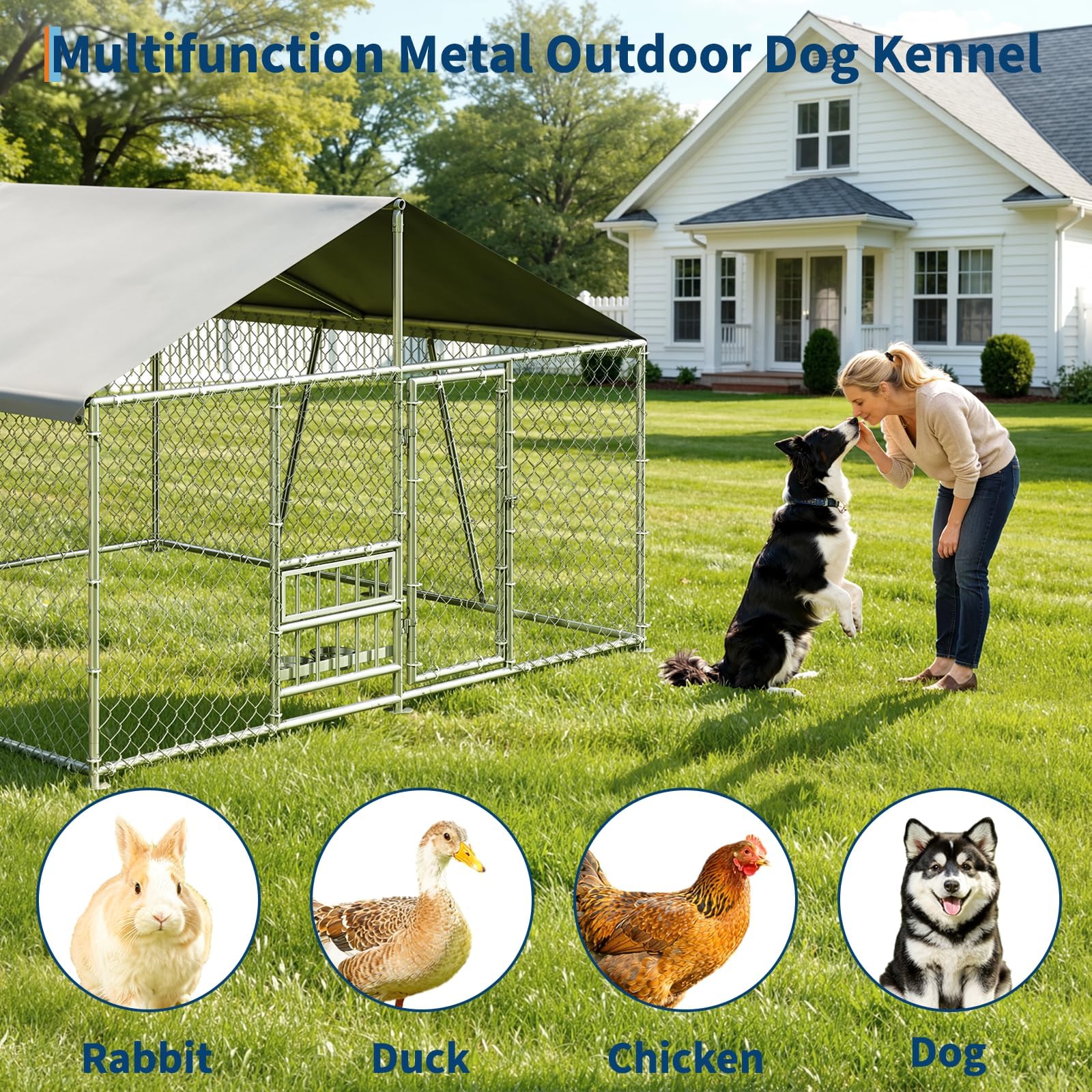 Garvee Large Outdoor Dog Kennel, Heavy Duty Galvanized Metal Wire Dog Cage with Waterproof UV-Resistant Roof, Lockable Door, Rotating Feeder & 2 Stainless Steel Bowls for Backyard Farm, 7.5x7.5x6.6ft