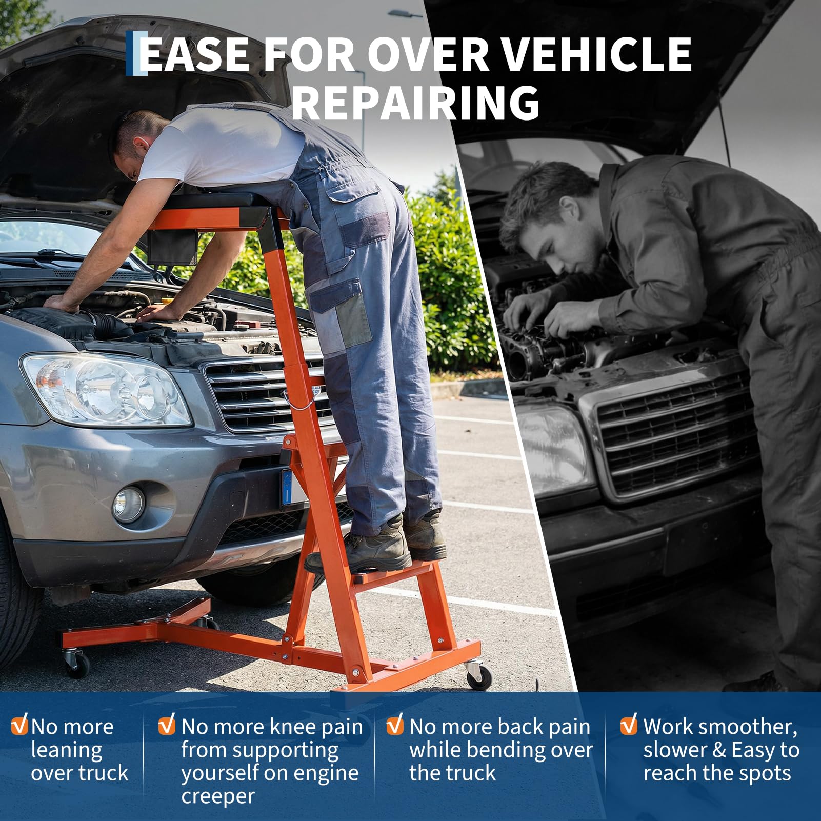 Garvee Automotive Engine Creeper with Adjustable Height & Padded Deck, Heavy-Duty Steel, Lockable Casters, Foldable for Jeeps & Trucks, Orange