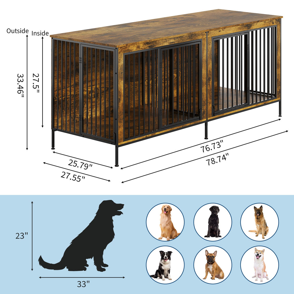 Garvee XL Dog Crate Furniture for 2 Dogs, Heavy Duty Double Dog Crates for Medium/Large Dogs, Dog Kennel Furniture Indoor As TV Stand, Extra Large 78.74"w, Rustic Brown