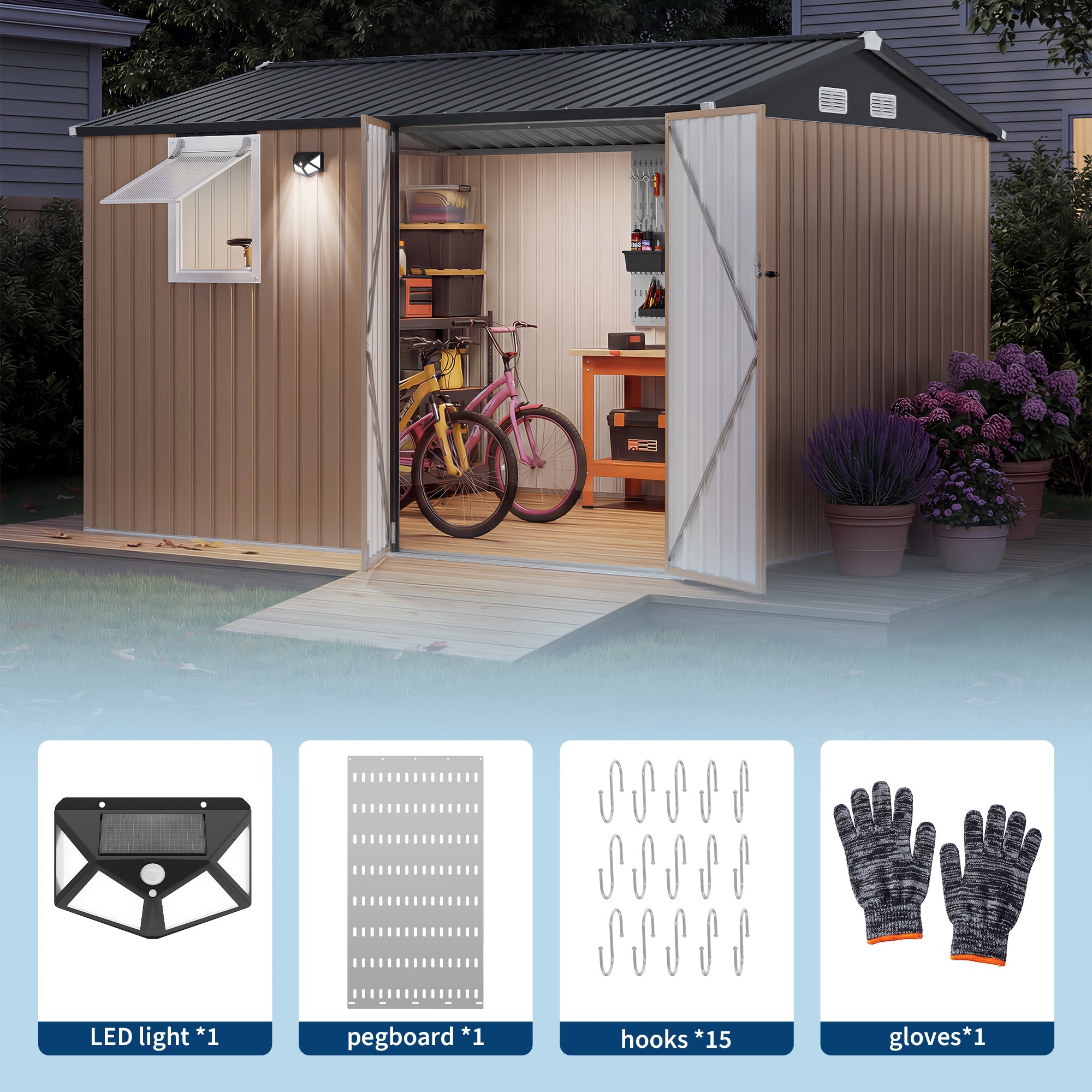 Garvee 10x8FT Brown Metal Outdoor Storage Shed with Pushable Window, LED Light & Pegboard, Lockable Double Doors, Sloping Roof, Ventilation, Corrosion-Resistant Steel Garden Tool Shed for Patio, Backyard & Garage