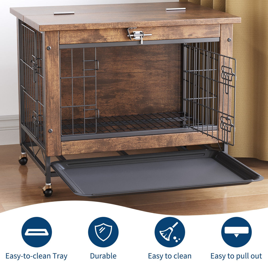 Garvee Small Dog Crate Furniture with 2 Doors and Wheels, Top-Opening Heavy Duty Wooden Indoor Kennel Dog House Cage with Anti-Chew, Removable Tray, Side End Table for Small Medium Dogs, Brown