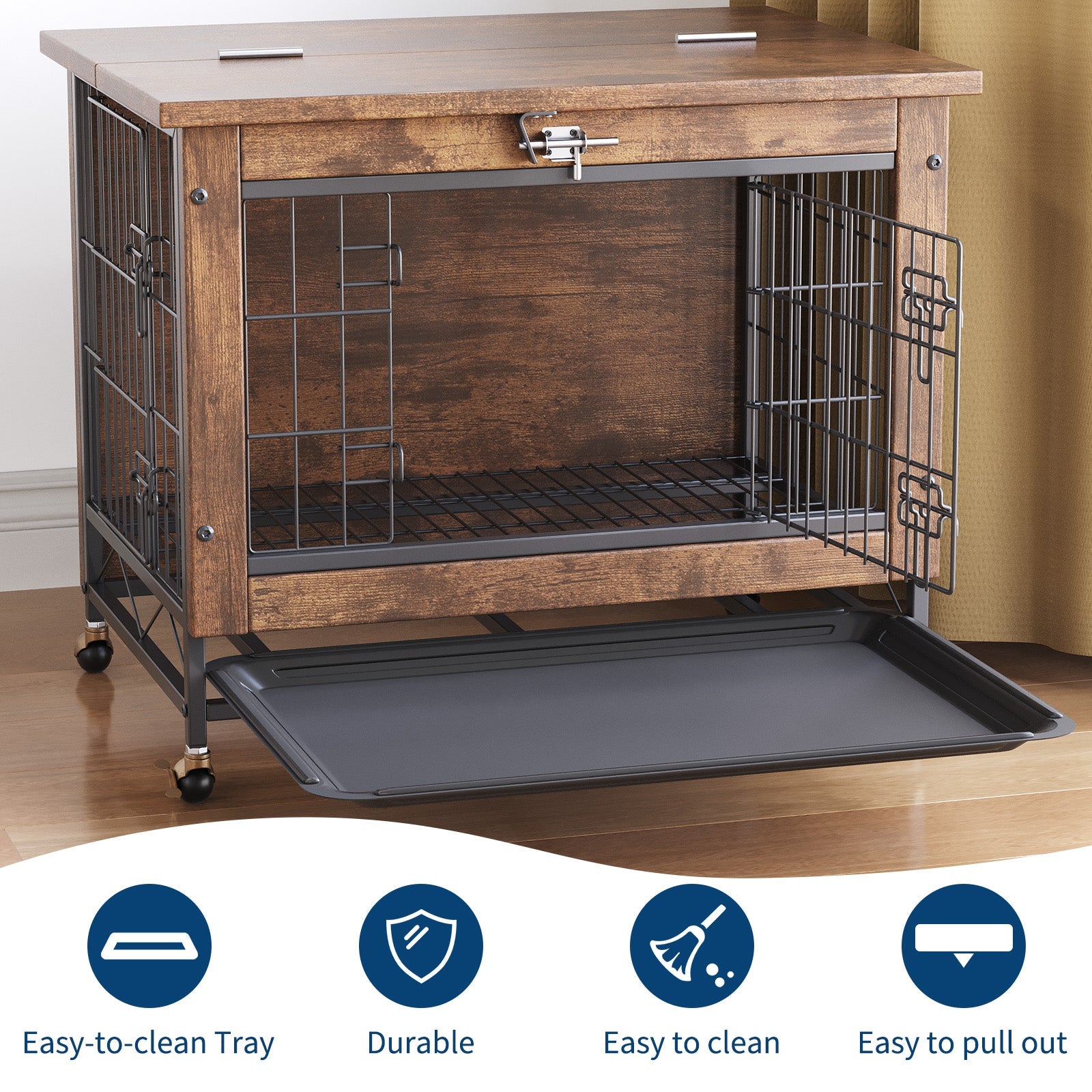 Garvee Small Dog Crate Furniture with 2 Doors and Wheels, Top-Opening Heavy Duty Wooden Indoor Kennel Dog House Cage with Anti-Chew, Removable Tray, Side End Table for Small Medium Dogs, Brown
