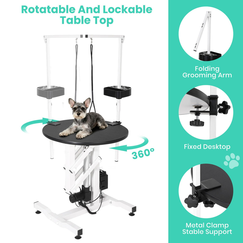 Garvee 24 Inch Electric Lift Dog Grooming Table, Portable Round Professional Pet Grooming Table with Adjustable Overhead Arms and Pedals, for Small and Medium Dogs at Home, Capacity 250 LBS