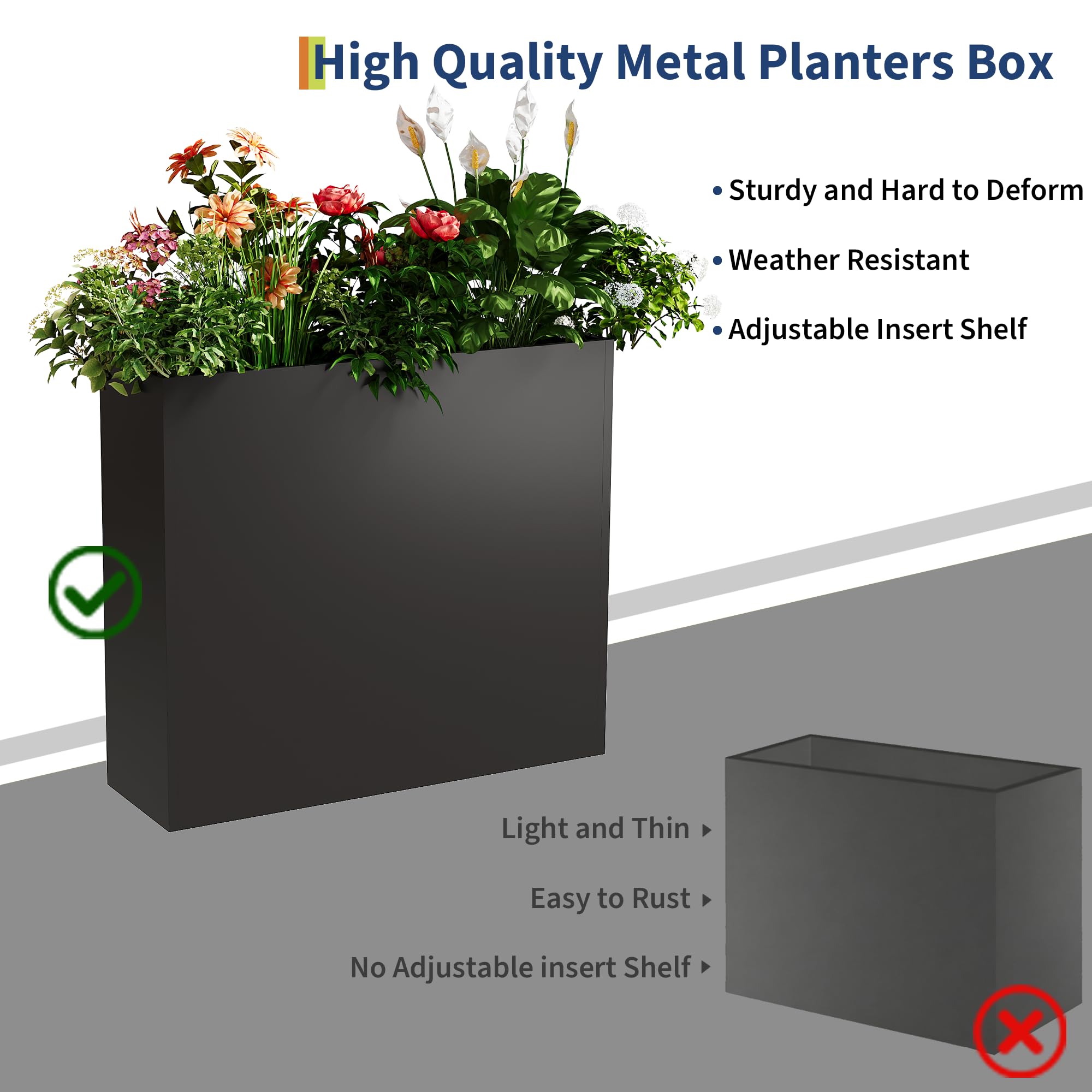 Garvee Tall Planter Box for Patio & Porch, 34 in Rectangular Metal Flower Planter with Drainage Holes and Removable Inner Shelf