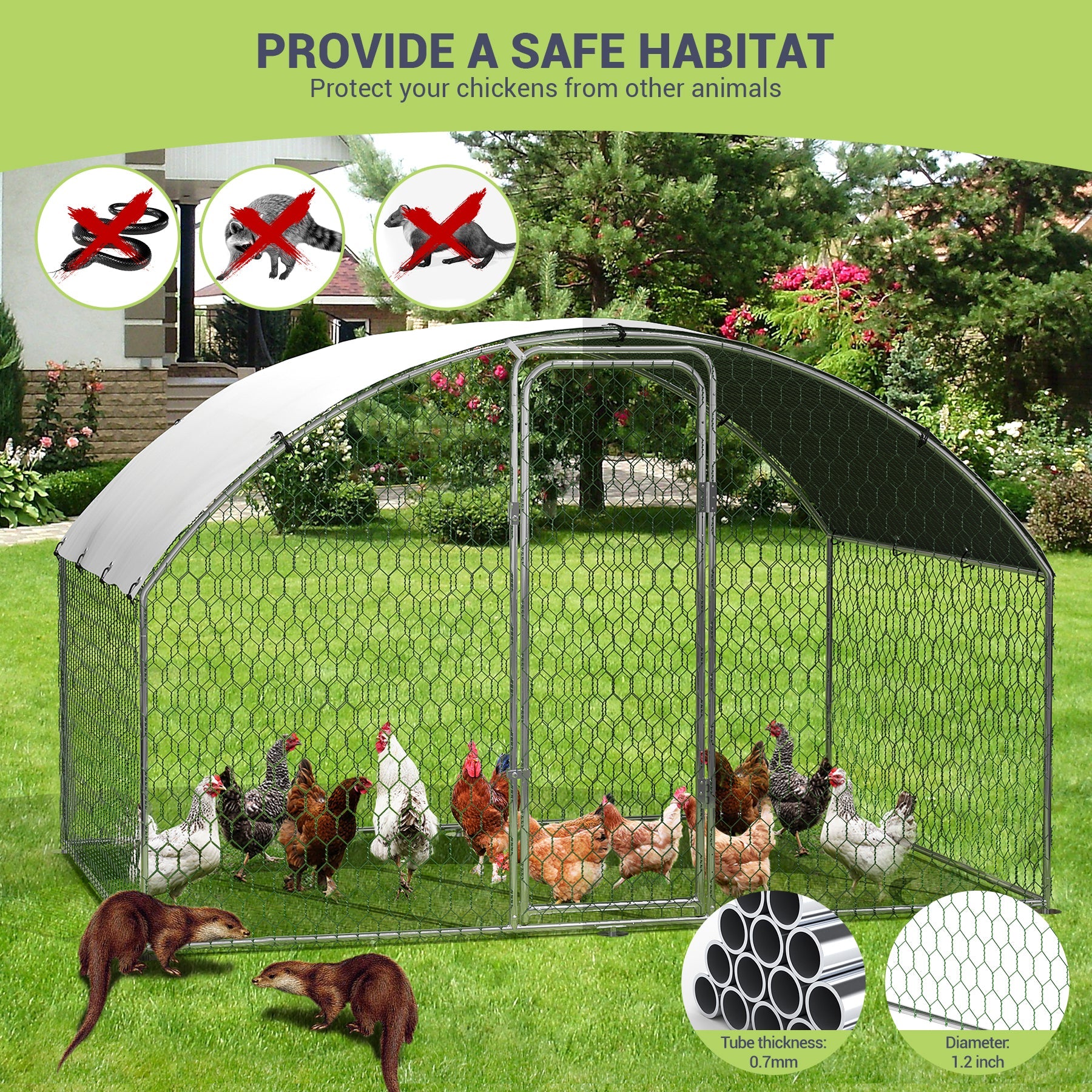 Garvee Spacious Walk-In Metal Chicken Coop - Dome Roof, Waterproof & UV-Resistant Cover, Lockable Door, Outdoor Poultry Cage for Hens, Ducks & Small Animals, Ideal for Backyard & Farm - Size: 9.8 x 6.5 x 6.5 ft