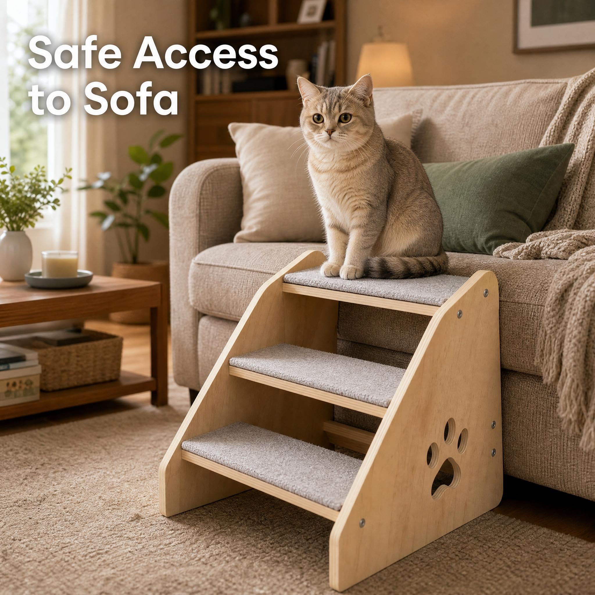 Garvee Wooden 3 Step Pet Stairs for Small Dogs and Cats with Non Slip Steps, Soft Fabric Cover, Low Profile for Bed Couch Car, for Puppies Kittens and Older Cats, Gray
