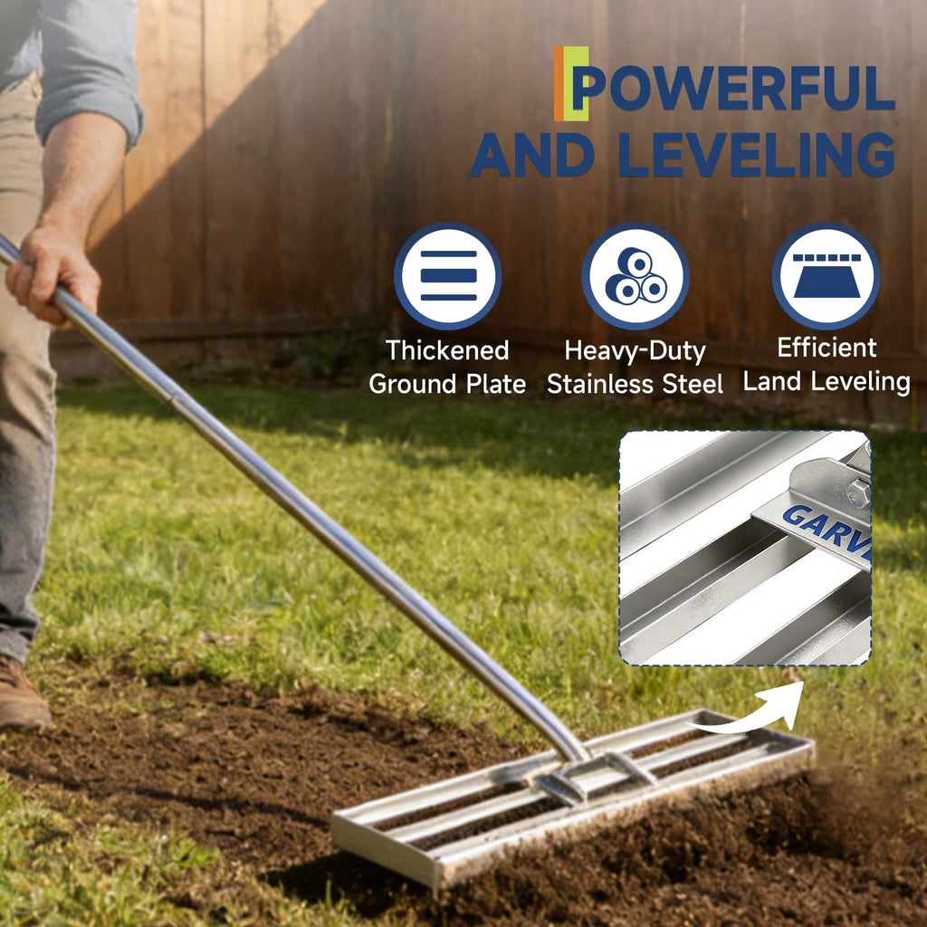 Garvee Professional Heavy Duty Stainless Steel Lawn Leveling Rake – 36x10 Inch, 6.5FT Extended Handle, Garden and Golf Lawn Soil Spreader – Includes Gloves | Size 36*10 | Handle 6.5FT | Stainless steel | With gloves