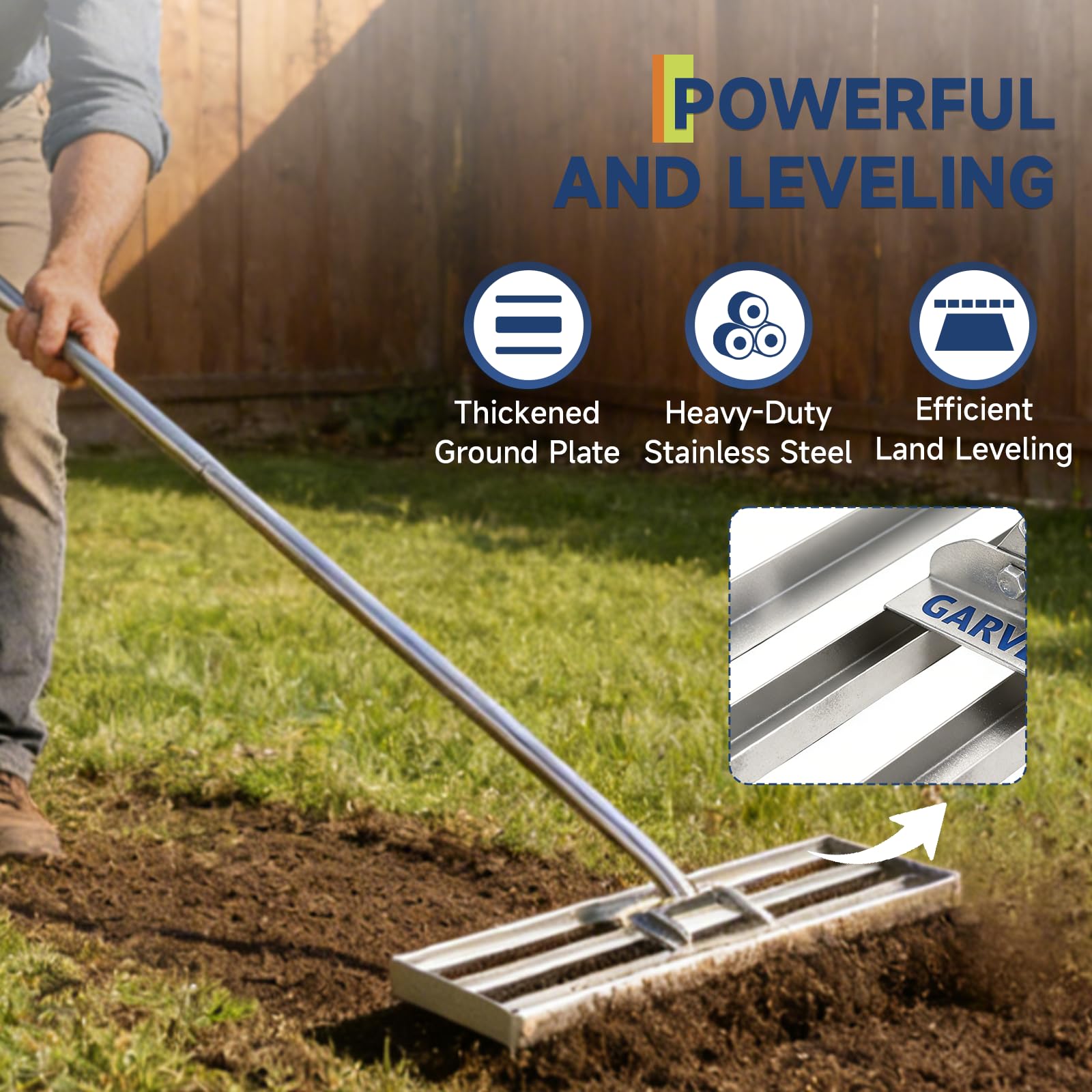 Garvee Professional Heavy Duty Stainless Steel Lawn Leveling Rake – 36x10 Inch, 6.5FT Extended Handle, Garden and Golf Lawn Soil Spreader – Includes Gloves | Size 36*10 | Handle 6.5FT | Stainless steel | With gloves