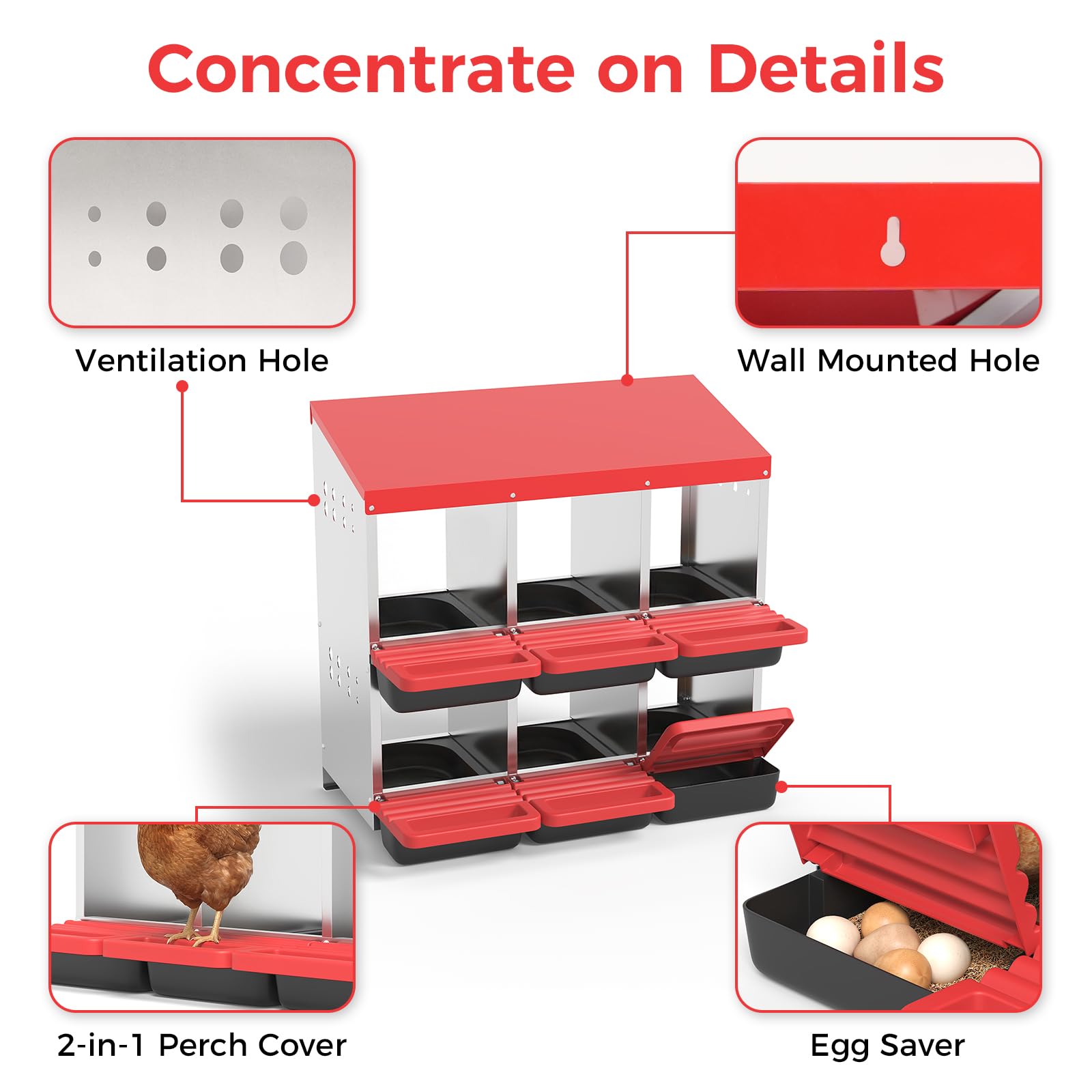 Garvee 6-Hole Metal Chicken Nesting Box, Roll Away Poultry Laying Box with Sloped Anti-Perch Roof, 31.9"x20.5"x31.1", Red