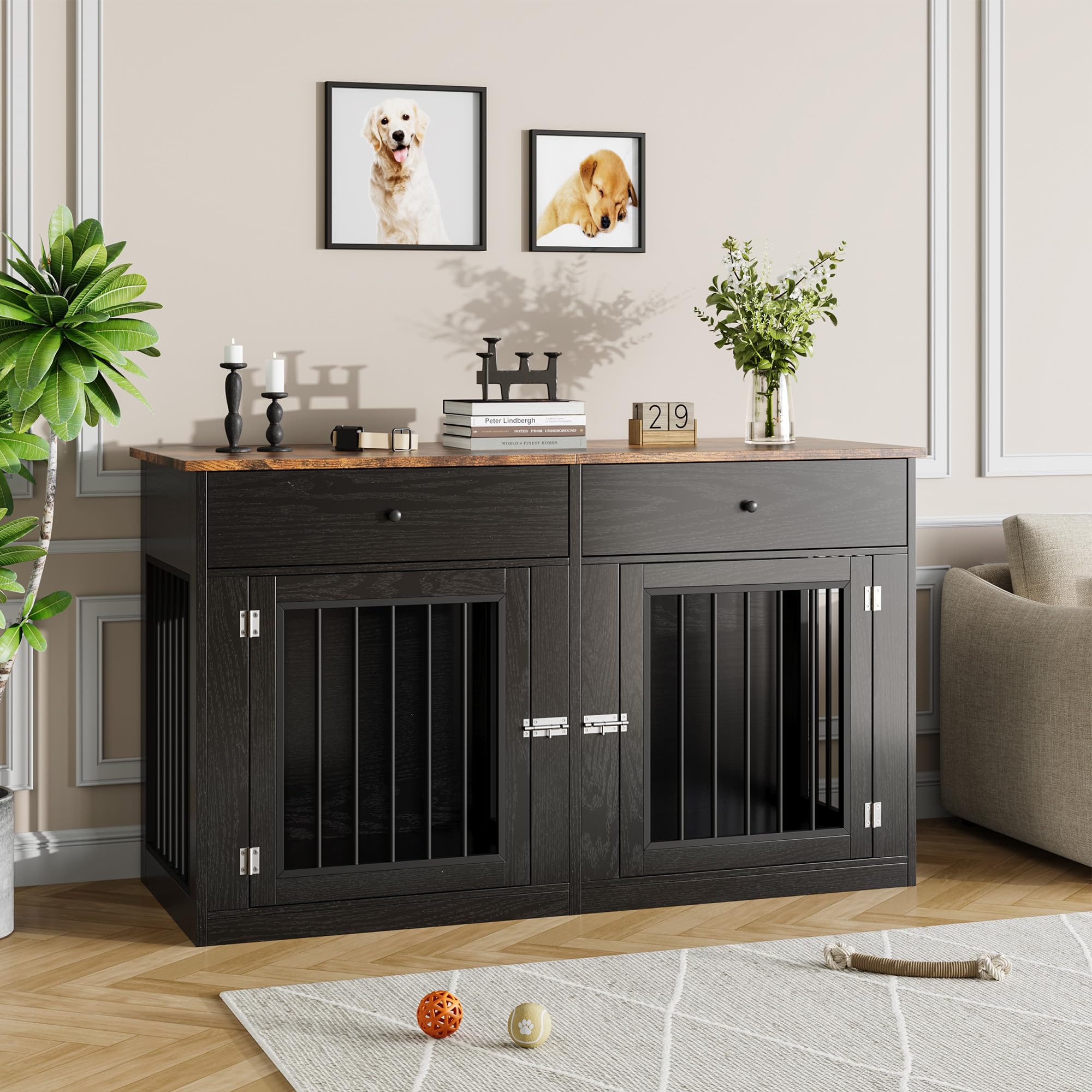 Garvee 60" Dog Crate Furniture for 2 Dogs, Heavy Duty Dog Kennel Furniture TV Stand with 2 Drawers, Dog Crates for Small Medium Dogs, Dog Cage End Table for Indoor Use, Black
