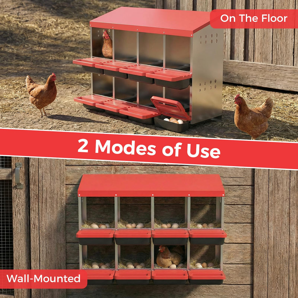 Garvee 8-Hole Chicken Nesting Box Metal Coop with Roll-Away Egg Collection & Ventilation Holes Galvanized Steel Removable Lid Red for Backyard Hens