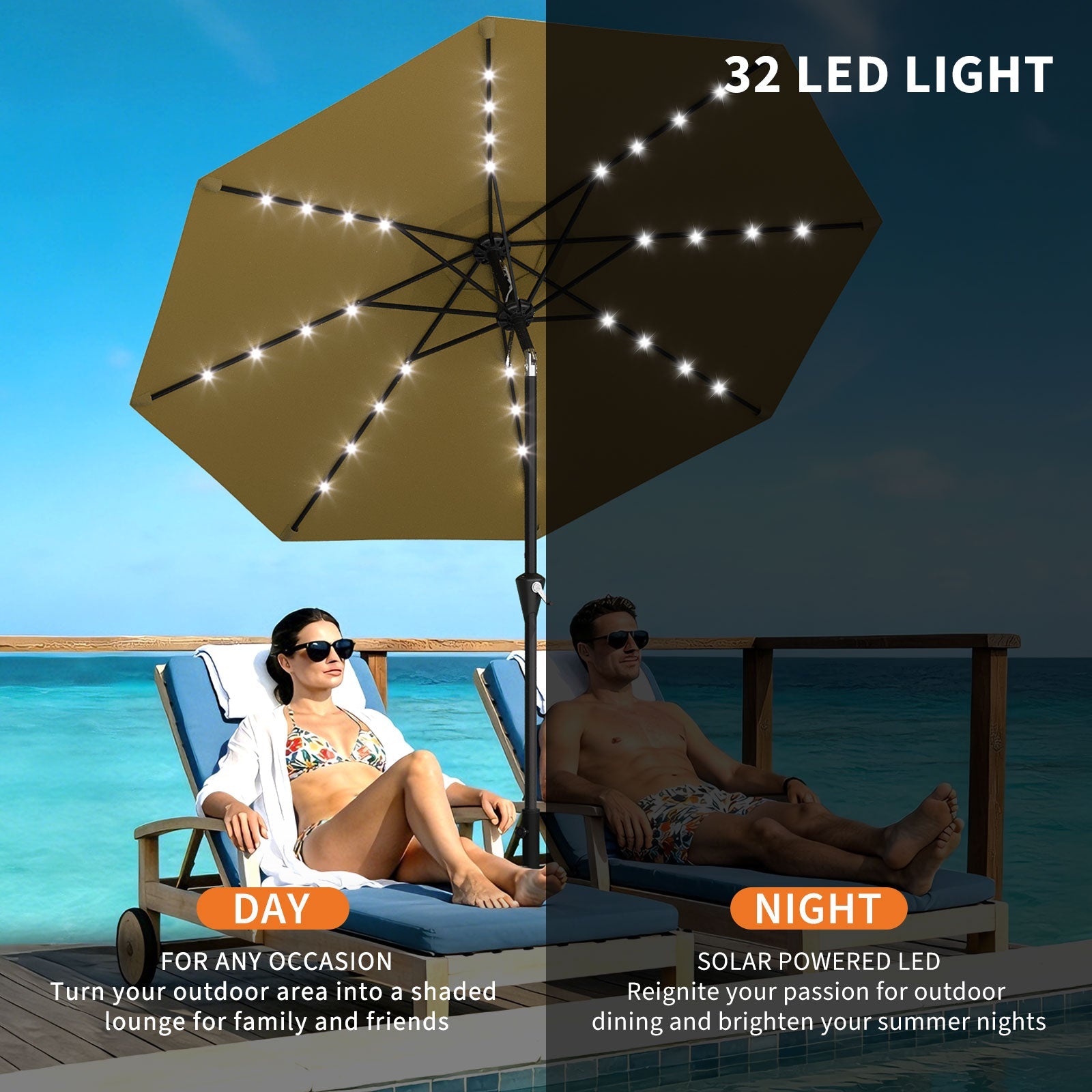 Garvee 9FT Solar LED Patio Umbrella, Waterproof Outdoor Market Table Umbrella with 8 Ribs, Crank Lift, Push Button Tilt, UV Protection for Garden, Pool & Deck, Khaki