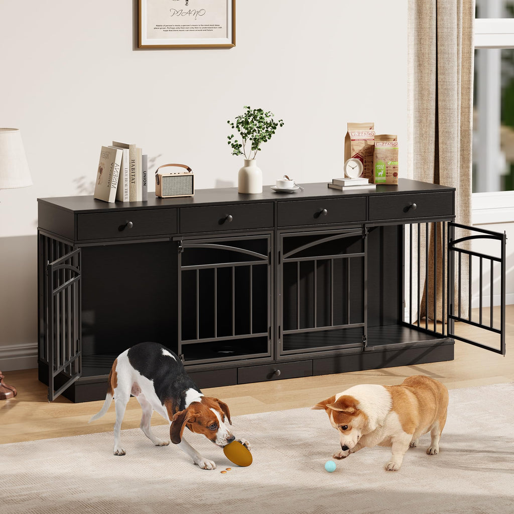 Garvee 78.7" Double Dog Crate Furniture with Storage and 4 Doors, Dog Kennel Indoor with Feeding Bowls, Wood Dog Crate TV Stand for Small Medium Dogs, Black