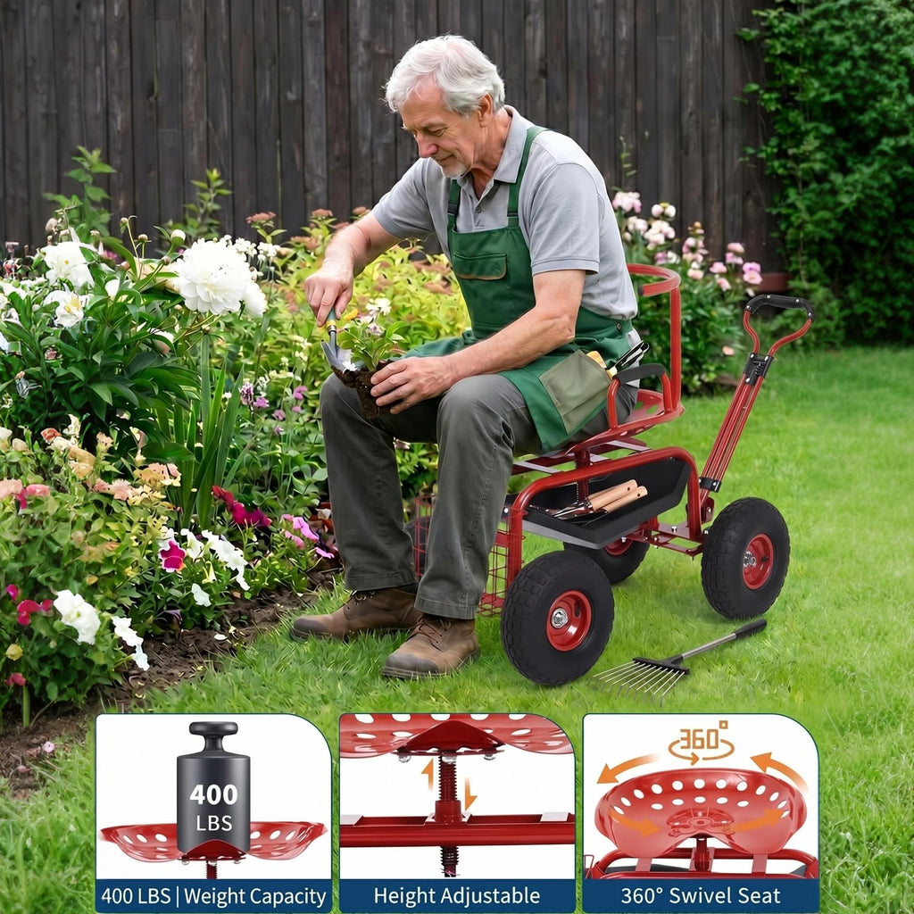 Garvee Rolling Garden Work Seat with Wheels, 360° Swivel Gardening Cart with Extendable Steering Handle, Tool Tray, Storage Basket & 10" Inflatable Tires, 400 lb Capacity Garden Scooter for Yard, Patio & Outdoor Use