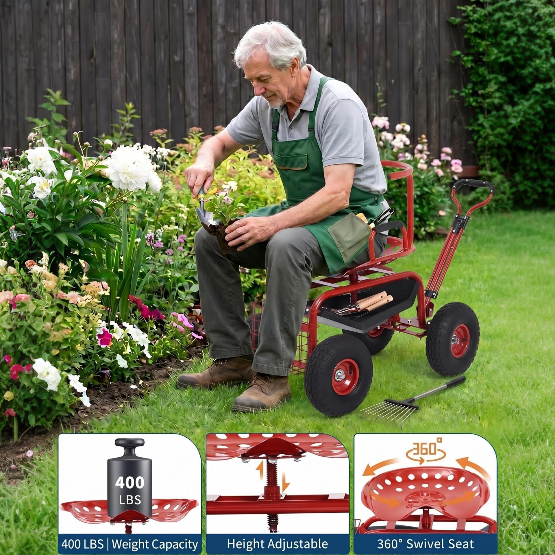 Garvee Rolling Garden Work Seat with Wheels, 360° Swivel Gardening Cart with Extendable Steering Handle, Tool Tray, Storage Basket & 10" Inflatable Tires, 400 lb Capacity Garden Scooter for Yard, Patio & Outdoor Use