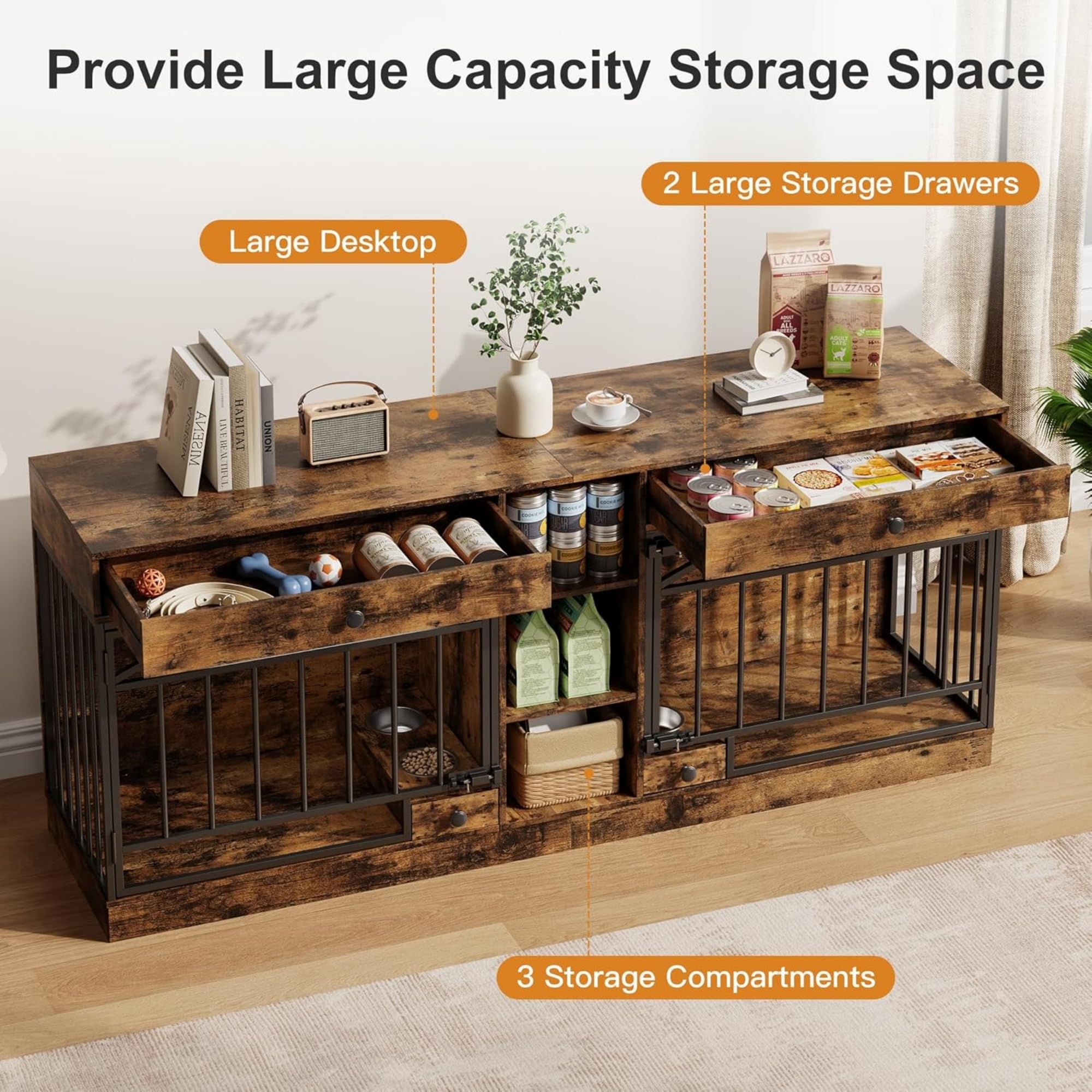 Garvee Dog Crate Furniture for 2 Dogs, 78.7" Large Dog Kennel Indoor with 2 Storage Drawers, 3 Shelves and Feeding Bowls, Double Dog Crate TV Stand for Small and Medium Dogs, Brown