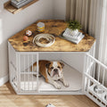 Garvee Space-Saving Corner Dog Crate Furniture – Wooden Indoor Kennel End Table with 360° Rotating Door, Stainless Steel Feeding Bowls, Decorative Design for Small Dogs, White, Classic + White Relief + White Iron Frame