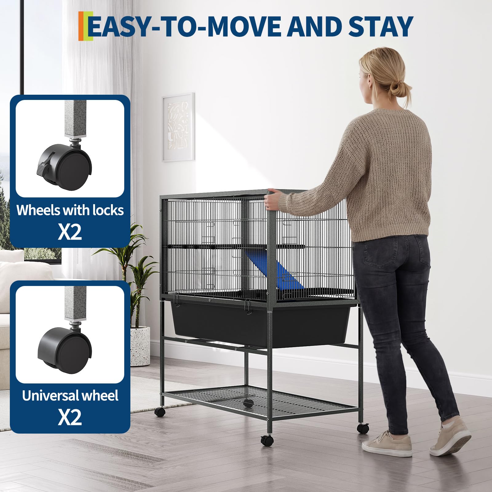 Garvee Ferret Cage, 40.4" h Large Ferret Nation Cage with 3 Removable Platforms, Deep Tray, Storage Shelf, Metal Small Animal Cages on Wheels for Sugar Glider, Guinea Pigs, Chinchillas, Rabbit