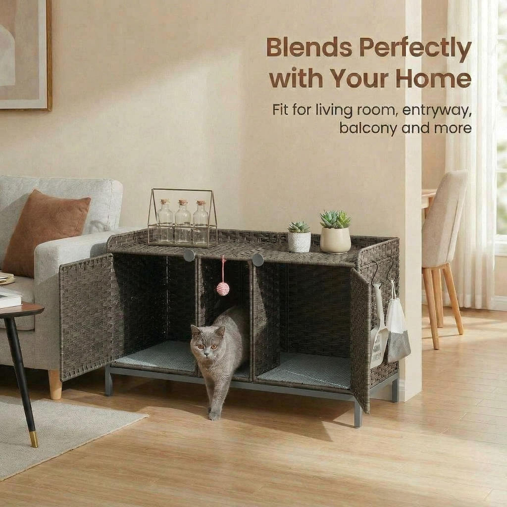 Garvee Handwoven Rattan Cat Litter Box Enclosure - Hidden Cat Washroom Cabinet with Door, Mat & S-Shaped Hooks - Spacious Stylish Cat Furniture for Living Room or Bedroom - Gray
