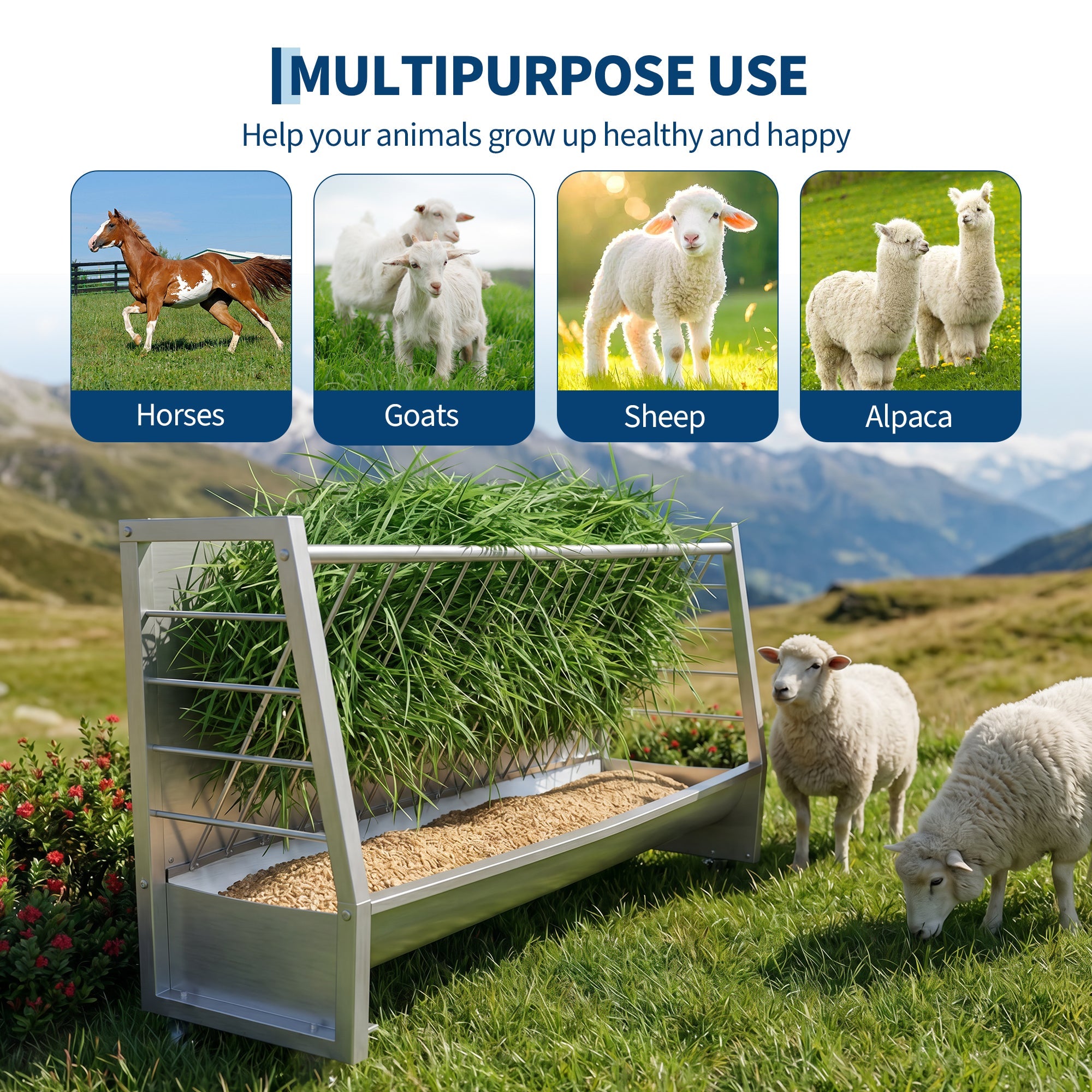 Garvee 5 ft Pasture Hay Feeder - Heavy Duty Galvanized Steel 2-in-1 Freestanding Livestock Hay & Grain Feeder, 60 Gallon Large Capacity for Goats, Sheep, Ponies & Alpacas (Silver)