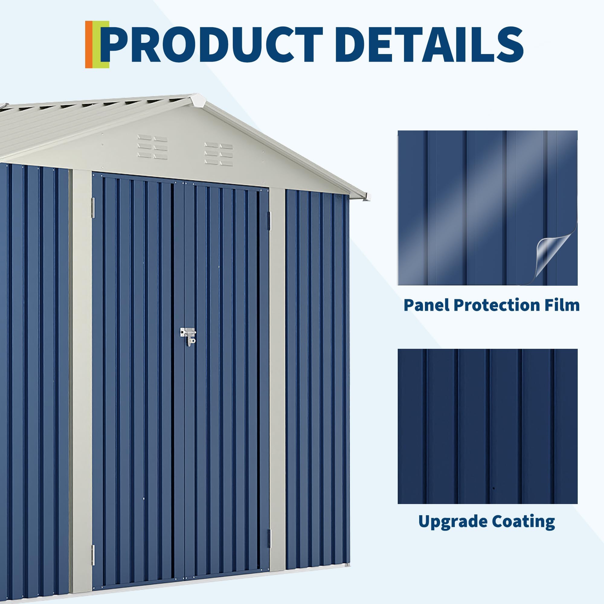 Garvee 10' x 10' Blue Metal Outdoor Storage Shed, 540 Cu.Ft. Galvanized Steel Garden Tool Shed with Lockable Door, Peak Roof & Air Vents