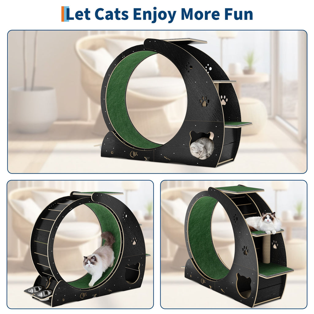 Garvee Large Cat Exercise Wheel for Indoor Cats - 3-Tier Climbing Tower & Grazeing Post - Silent Treadmill for Training, Exercise & Obesity Prevention - Black
