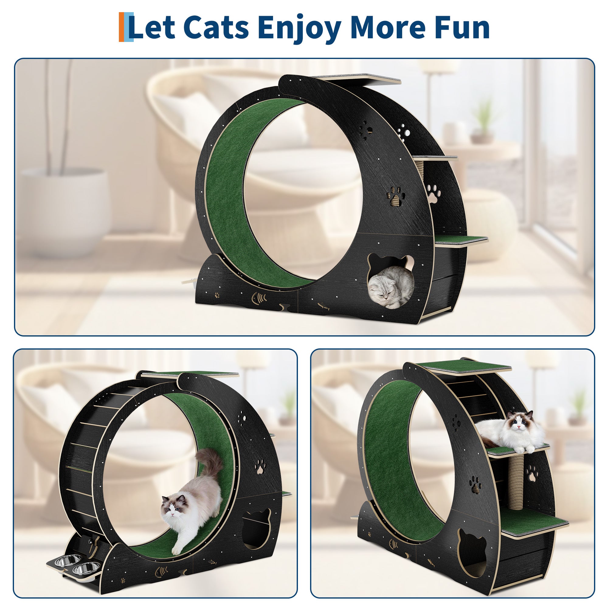 Garvee Large Cat Exercise Wheel for Indoor Cats - 3-Tier Climbing Tower & Grazeing Post - Silent Treadmill for Training, Exercise & Obesity Prevention - Black