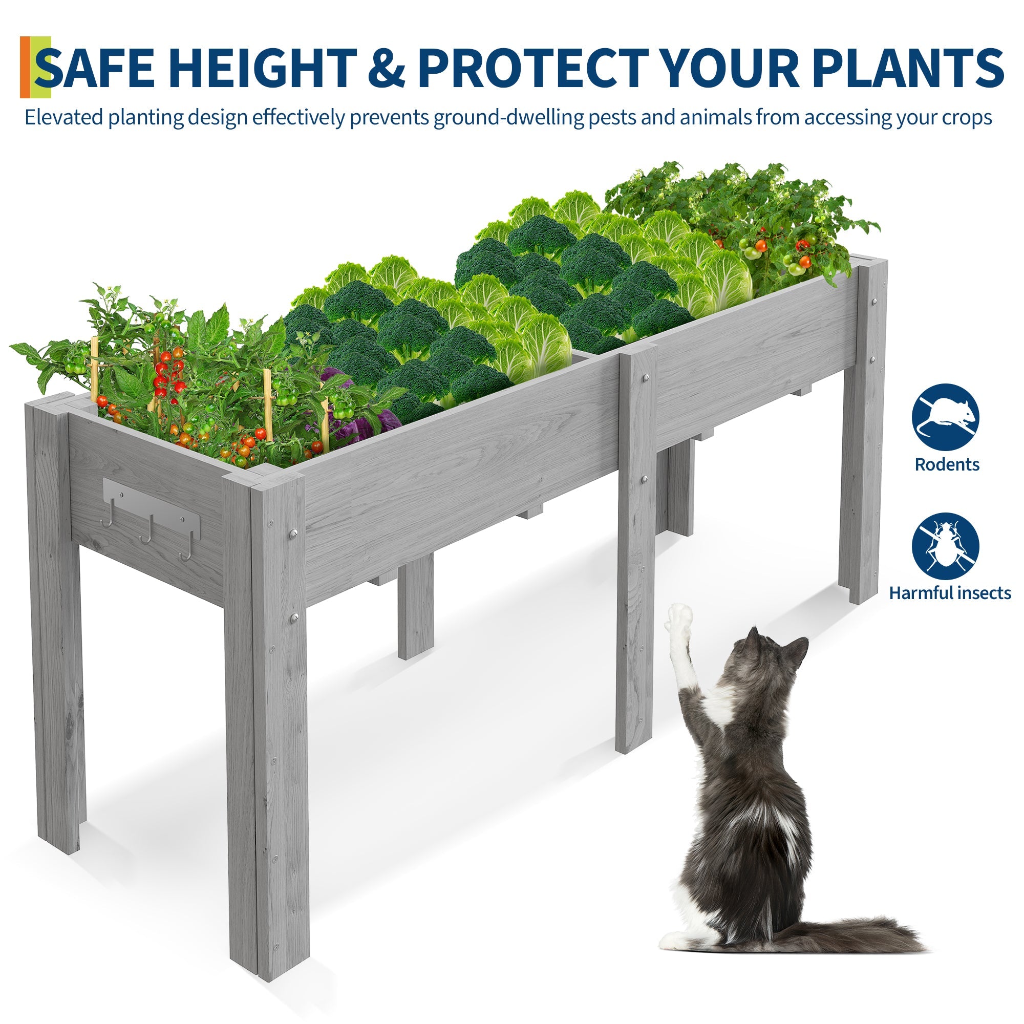 Garvee 72" x 23" x 30" Gray Raised Garden Bed with Legs, Solid Fir Wood Elevated Outdoor Planter Box with Non-Woven Liner & Hooks for Vegetables, Herbs, Flowers, Patio, Balcony & Backyard