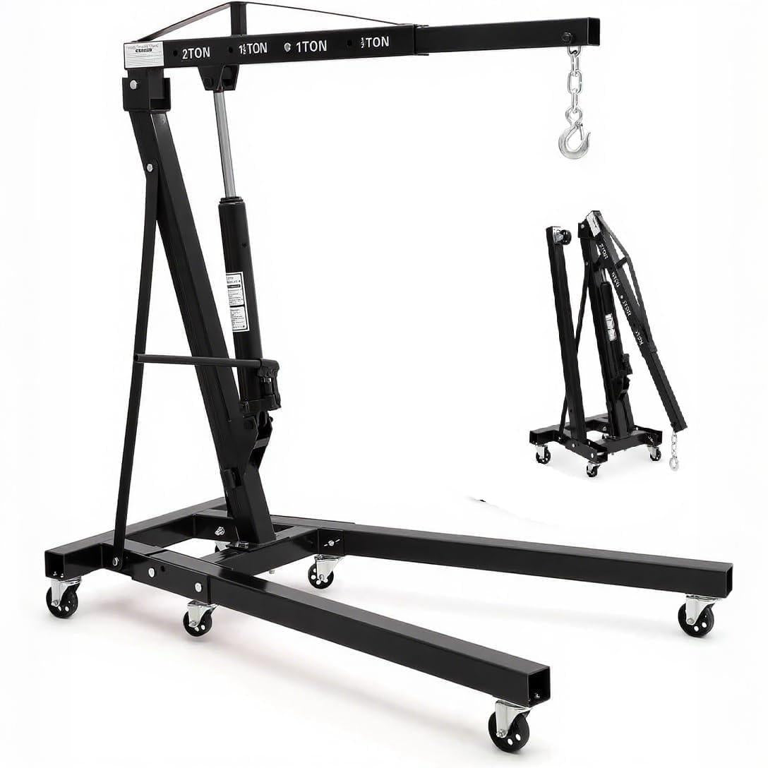 Garvee 2 Ton Folding Hydraulic Engine Hoist Cherry Picker – 4400 lbs Heavy Duty Shop Crane with Telescopic Boom, 6 Casters – Engine Lift for Garage Workshop Auto Repair – Color: Black | Packaged
