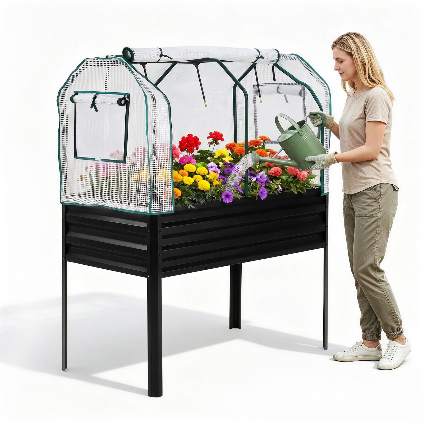 Garvee Elevated Raised Garden Bed, 48 x 24 x 56-Inch Galvanized Metal Planter with Greenhouse Cover, Bird Net and 4 Plant Signs for Patio Gardening, Black