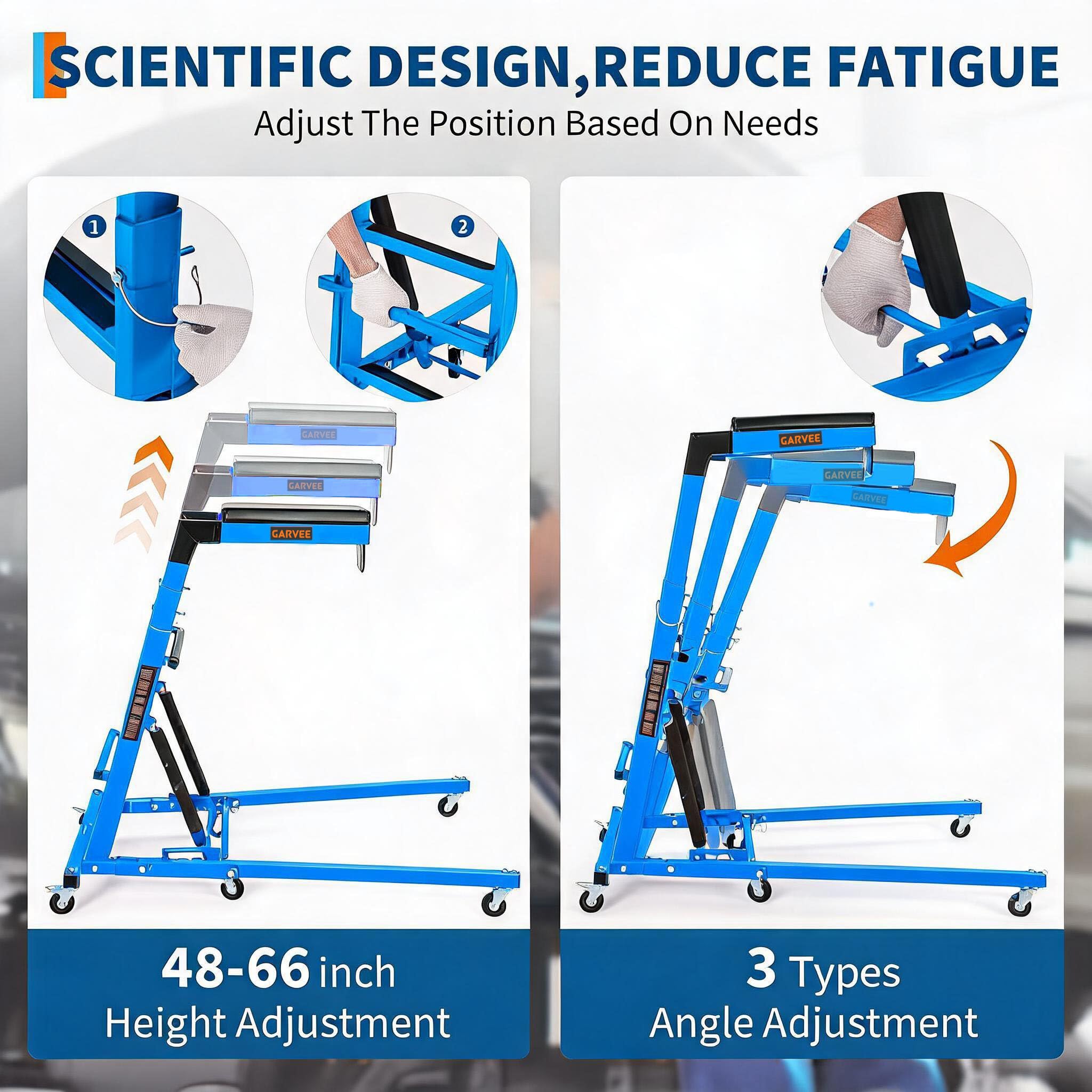 Garvee Heavy Duty Over-Engine Creeper for Mechanics – Adjustable Height 48-68 in, 400 lbs Capacity, Collapsible Design, 6 Swivel Casters, Rolling Mechanic Seat for Garage Workshop – Mechanical Blue (RAL 5015)
