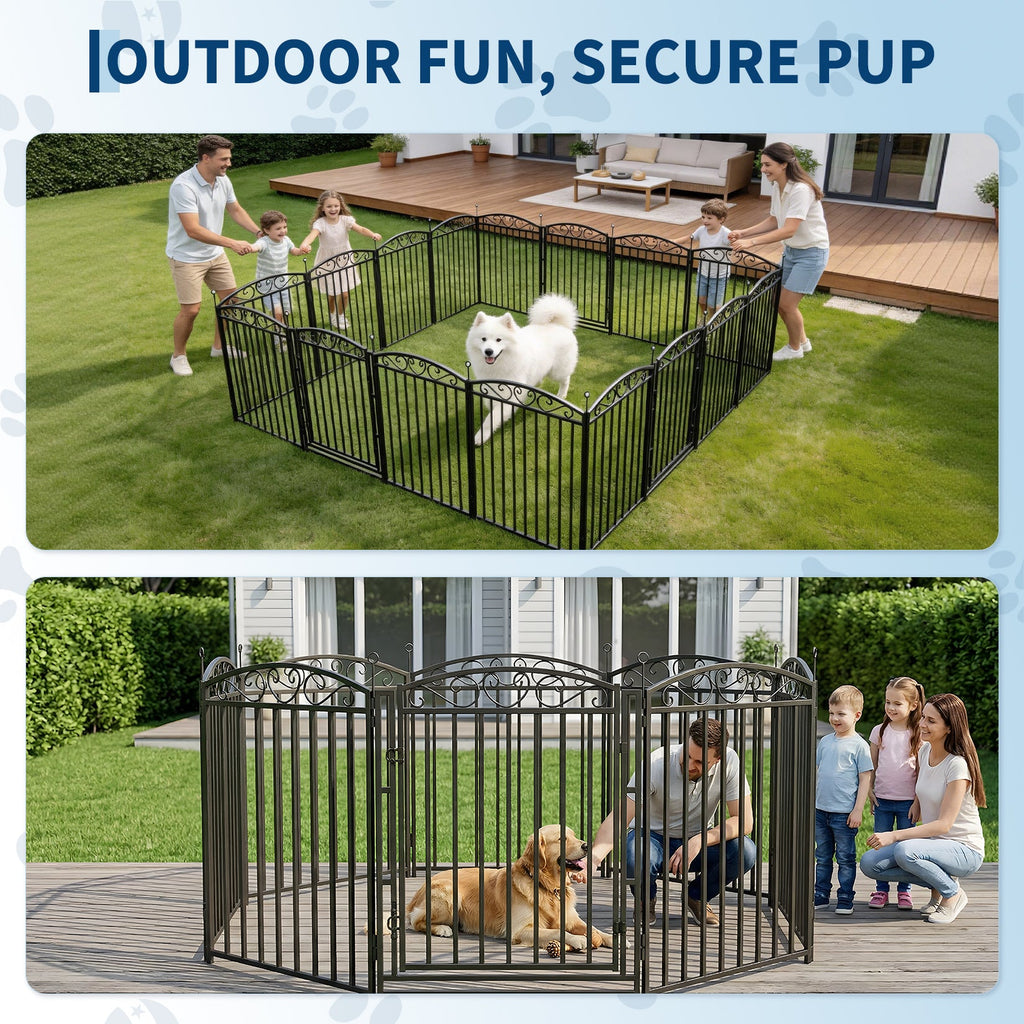Garvee Durable Decorative Dog Playpen Fence – 40" Metal, 8 Panels with Door, Outdoor Pet Enclosure for Medium/Large Dogs, Black Base with Silver Design, Color: Black with Silver Design, 8 Panels