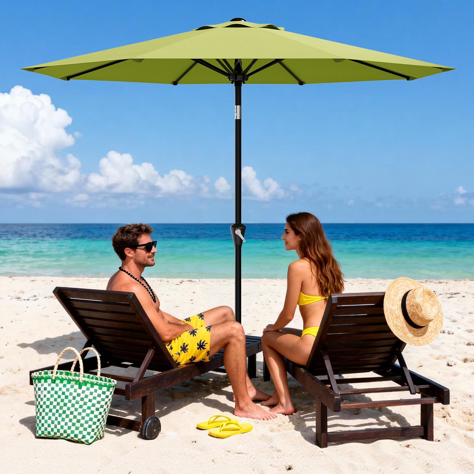 Garvee 9FT Green Patio Umbrella - Outdoor Market Table Parasol with Smooth Crank Lift, Push Button Tilt, UV Protection Waterproof Canopy, 8 Sturdy Iron Ribs for Deck, Pool, Garden, Yard