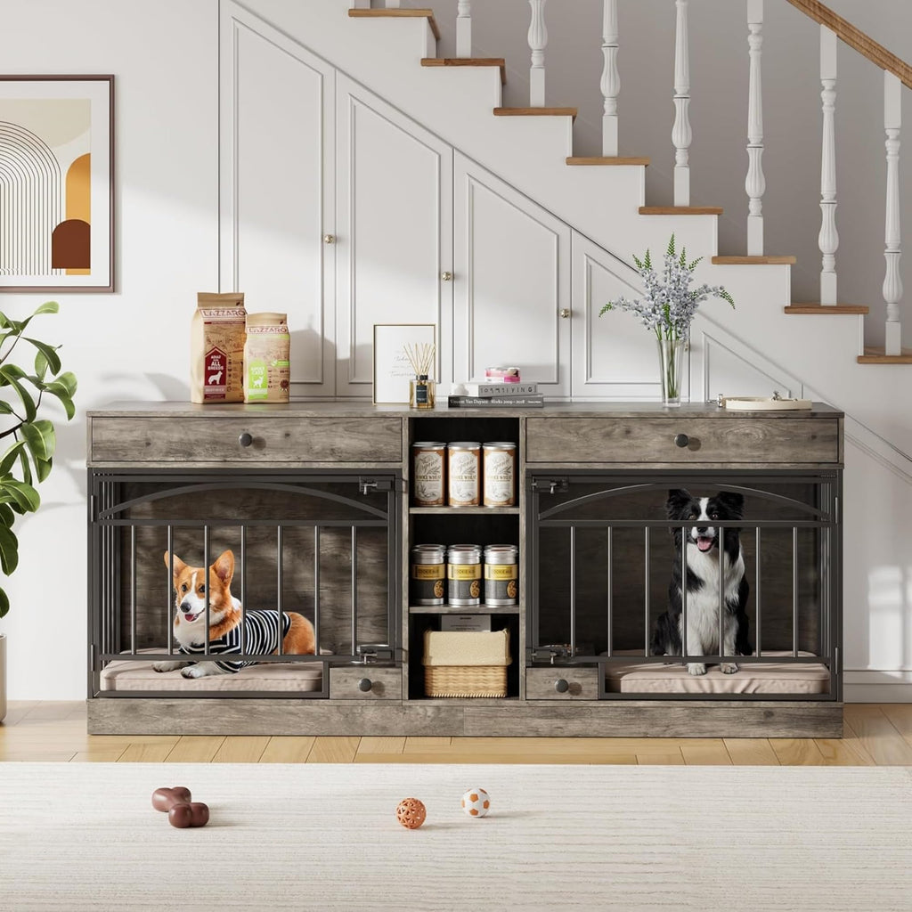 Garvee Dog Crate Furniture for 2 Dogs, 78.7" Large Dog Kennel Indoor with 2 Storage Drawers, 3 Shelves and Feeding Bowls, Double Dog Crate TV Stand for Small and Medium Dogs, Gray
