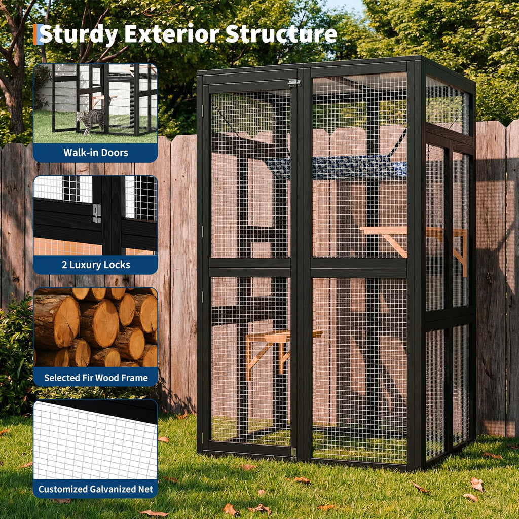 Garvee Spacious Outdoor Wooden Cat Cage, Weatherproof Roof, 2 Platforms, Hammock, Walk-In Window Access, Multi-Cat Catio Enclosure for Patio, Yard, or Indoor Use, Black