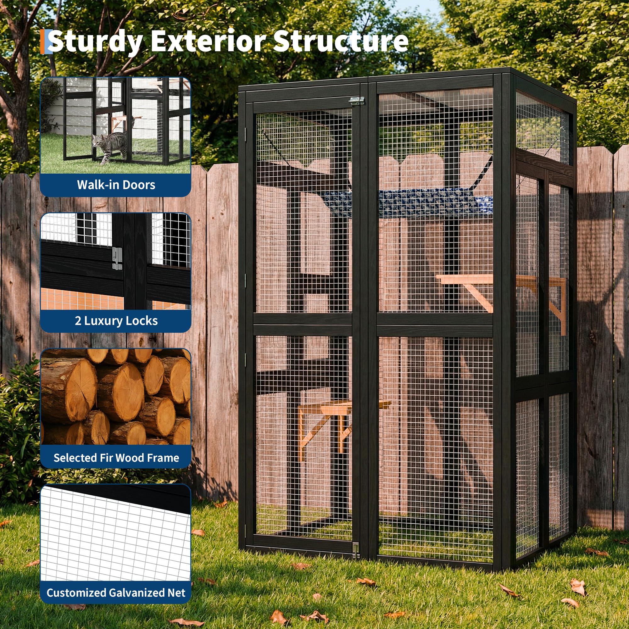 Garvee Spacious Outdoor Wooden Cat Cage, Weatherproof Roof, 2 Platforms, Hammock, Walk-In Window Access, Multi-Cat Catio Enclosure for Patio, Yard, or Indoor Use, Black