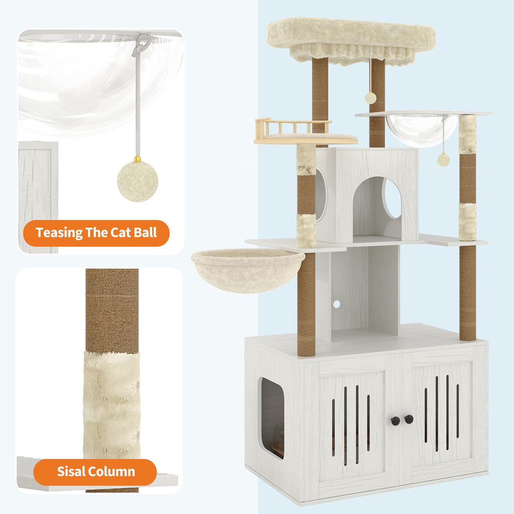 Garvee Multi-Level Cat Tree with Hidden Litter Box Enclosure – Soft Perch, Hammock, Sisal Scratching Posts, Modern Cat Condo Furniture for Living Room – Cat Tower for Indoor Cats – Vintage White