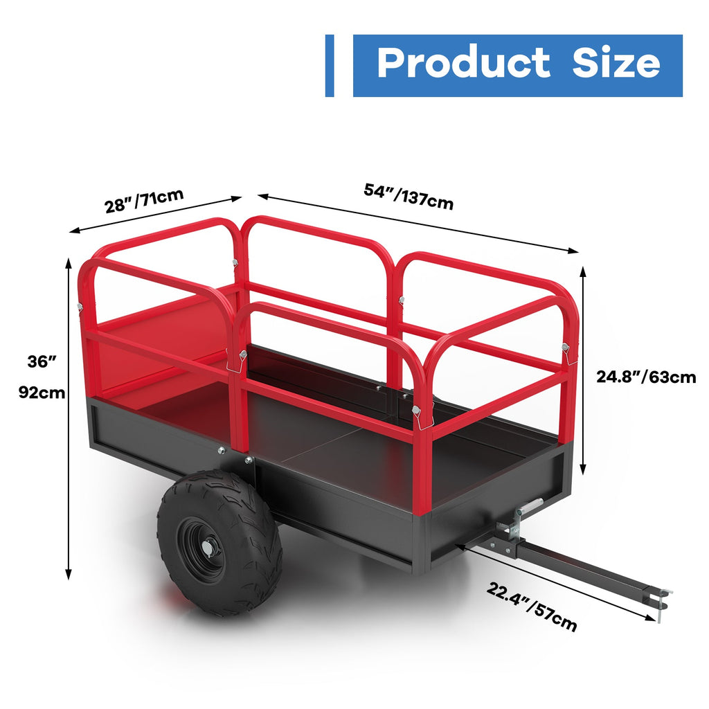 Garvee Tow-Behind Dump Cart, 1700 lb Capacity, 17 cu. ft. Steel Utility Trailer with 16" Pneumatic Tires, 45° Dump, Removable Sides and Tailgate for ATV, UTV and Lawn Tractor, Red