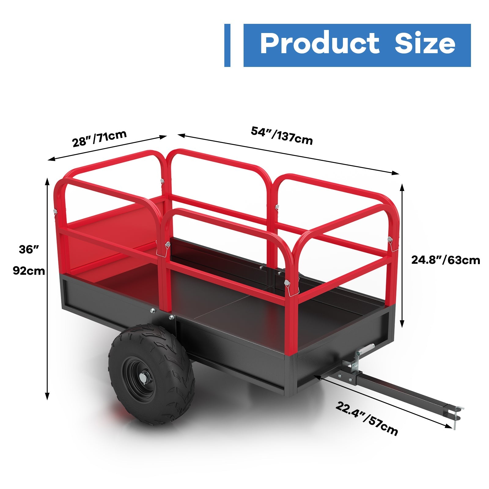 Garvee Tow-Behind Dump Cart, 1700 lb Capacity, 17 cu. ft. Steel Utility Trailer with 16" Pneumatic Tires, 45° Dump, Removable Sides and Tailgate for ATV, UTV and Lawn Tractor, Red