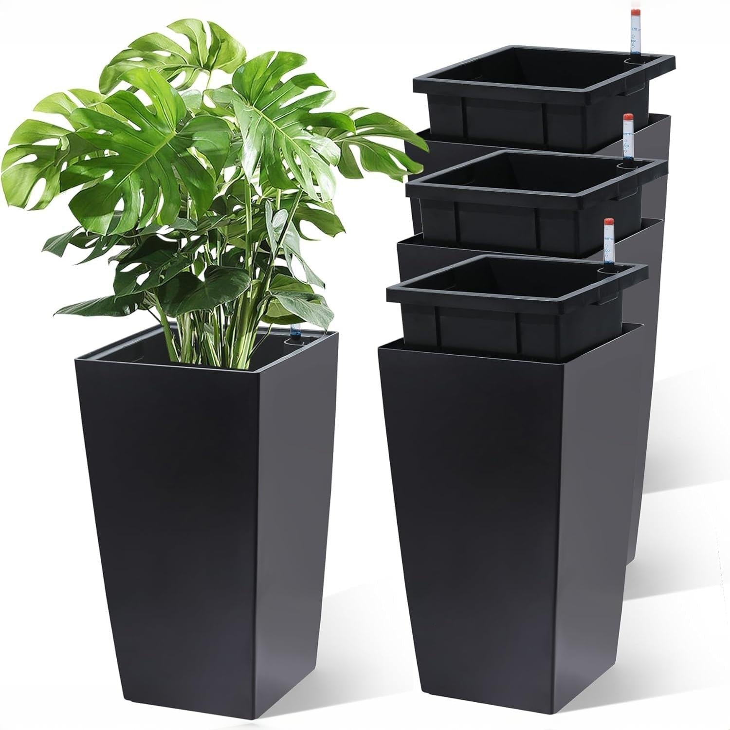 Garvee Self-Watering Planter Pots for Patio and Balcony, 4-Pack 16-Inch Black Plastic Flower Pots with 4 Inner Buckets and Water Gauges