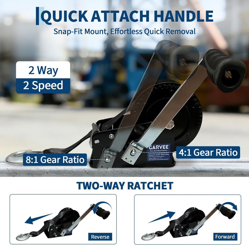 Garvee 3500lbs Heavy Duty Boat Trailer Winch with 33FT Strap, Dual-Speed 4:1/8:1 Gear Ratio & 2-Way Ratchet, Professional Hand Crank Winch for Pulling Boat, Trailer, Truck, RV, ATV, Jet Ski