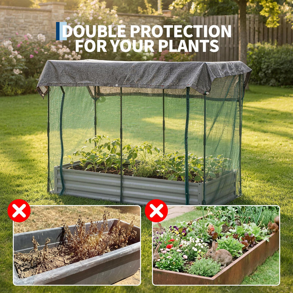 Garvee 8 x 4 x 1 FT Galvanized Raised Garden Bed with Crop Cage, 60% Shade Cloth, Zippered Doors & Pest Net for Vegetables and Herbs, Off-White