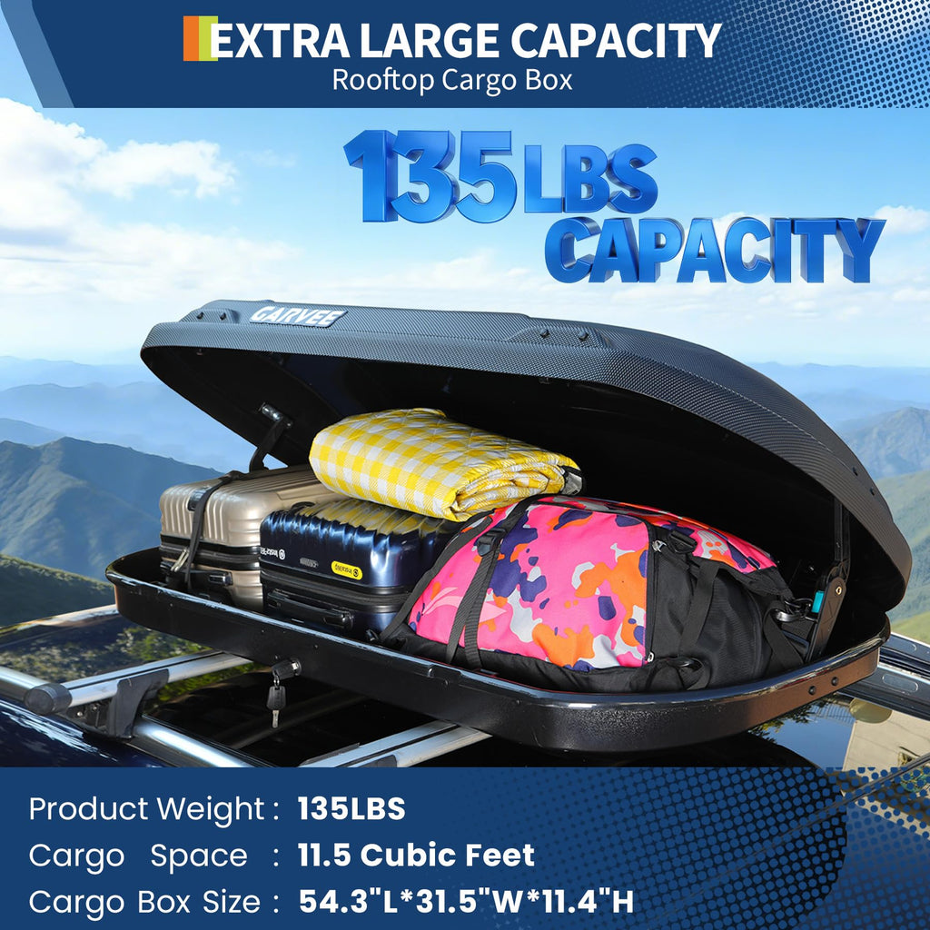 Garvee 11.5 Cu Ft Rooftop Cargo Box - Hard Shell Roof Carrier with Dual-Side Opening, 135 lbs Capacity, Lockable ABS Storage, Secure for SUV, Road Trips & Camping, Black