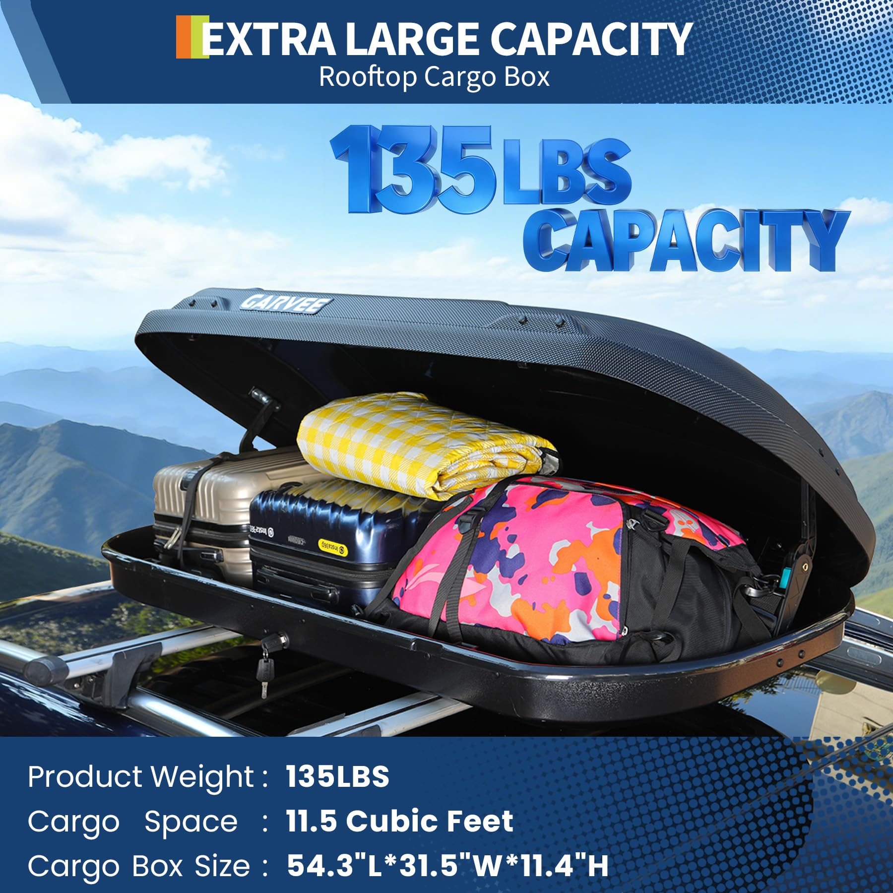 Garvee 11.5 Cu Ft Rooftop Cargo Box - Hard Shell Roof Carrier with Dual-Side Opening, 135 lbs Capacity, Lockable ABS Storage, Secure for SUV, Road Trips & Camping, Black